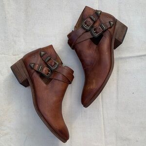 Frye brown leather buckle ankle boots